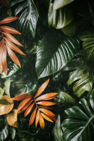 Tropical Foliage Deep Green and Vibrant Orange Leaves Create a Lush, Textured Jungle Settingの素材