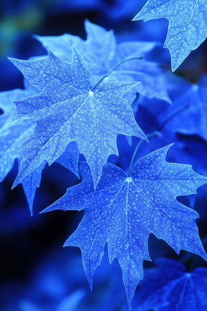 Blue Maple Leaves, Vibrant Nature Background Abstract Seasonal Design, Cool Color Paletteの素材