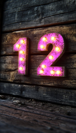 Number 12, Lighted Number Twelve on Rustic Wood Background, Decorative Lighting, Purple Signの素材
