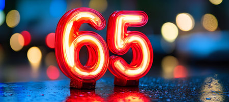 Neon Number 65 Glowing Red On Wet Surface Reflective With City Lights Bokeh Background.の素材