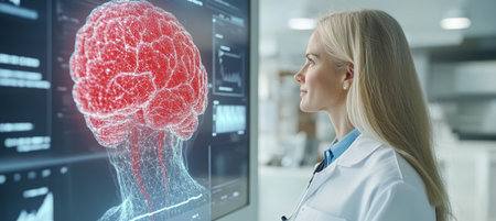 Female Doctor Analyzing 3D Brain Scan Projection on a Medical Screen in Modern Hospital Laboratory.の素材