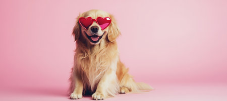 Golden Retriever Dog Wearing Heart-Shaped Sunglasses on Pink Background, Valentines Day Concept.の素材
