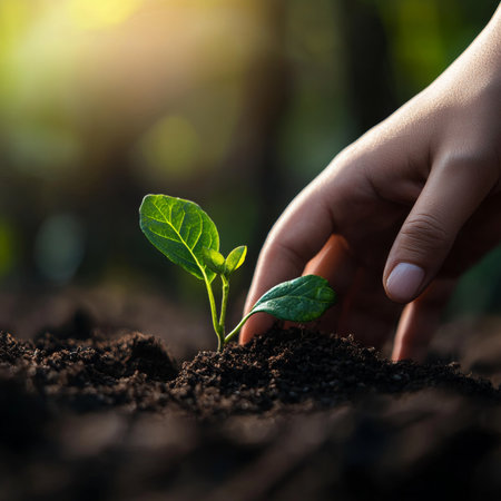Hand Gently Planting Young Green Sprout, New Life Growth Concept, Environmental Conservationの素材