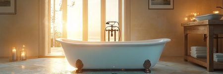 Luxurious Bathroom with Vintage Tub, Bathed in Golden Sunlight Tranquility and Relaxation Conceptの素材