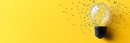 Light Bulb Innovation, Creative Idea, Concept Design with Wireframe Connection on Yellow Backgroundの素材