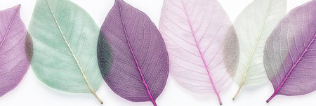 Pastel Skeleton Leaves on White Background, Delicate Floral Arrangement, Natures Beautyの素材