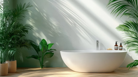 Minimalist Bathroom Interior With White Bathtub, Green Plants And Sunlight, Copy Spaceの素材