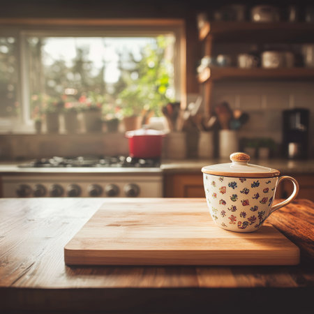 Cozy Rustic Kitchen with Wooden Countertop and Cup of Tea, Background, Design, Interiorの素材