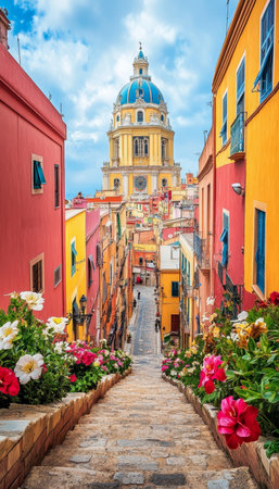 Scenic Southern Italy Historic Street with Colorful Buildings Leading to Baroque Church Dome,の素材