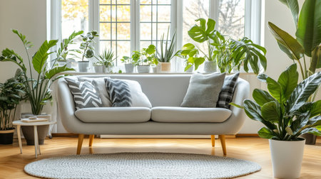 Modern Living Room with White Sofa, Plaid Cushions, and Houseplants, Scandinavian Designの素材