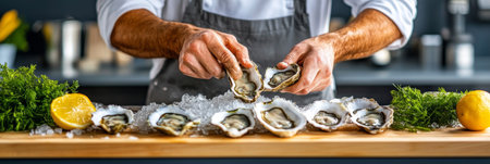 Chef With Open and Closed Fresh Raw Oysters, Ice Cubes and Cut Lemons For Restaurant Menuの素材