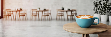Blue Coffee Cup On Table In Minimalist Cafe With Blurry Background Of Furnishing Seatingの素材