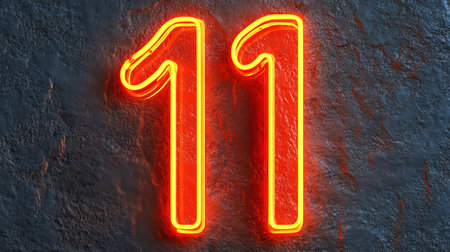 Neon Glowing Number Eleven, 11, Illuminated On A Dark, Textured Concrete Background With Copy Space.の素材