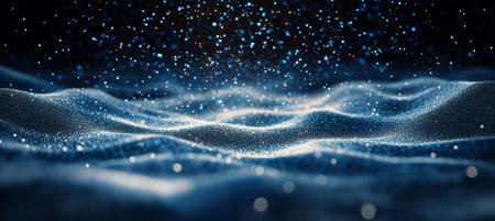 Blue Glittering Abstract Landscape Waves of Shimmering Particles with Depth Of Field and Bokehの素材