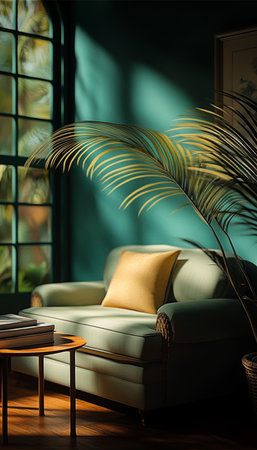 Tranquil Relaxation. Comfortable Living Room Interior With Green Plant, Armchair And Goldの素材