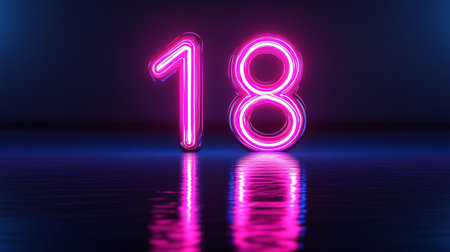 Glowing Neon Number 18 with Reflections on a Dark Background, 3D Rendered Illustrationの素材