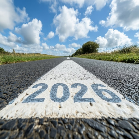Road to 2026 Empty Asphalt Highway With 2026 Marked On The Lane Divider Under Blue Skyの素材