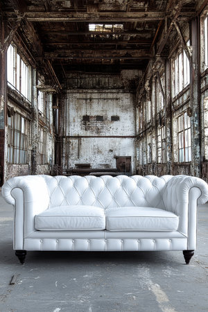 Elegant White Chesterfield Sofa in an Industrial Style Interior with High Ceilings and Large Windowsの素材