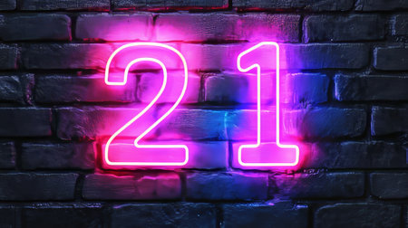 Neon Number 21, Twenty One, Glowing In The Dark, Symbol, Birthday, Brick Wall Backgroundの素材
