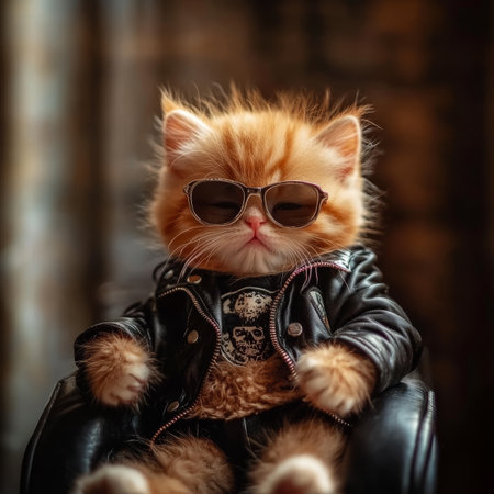 Stylish Ginger Kitten in Black Leather Jacket and Sunglasses Posing for Portrait, Studio Shotの素材