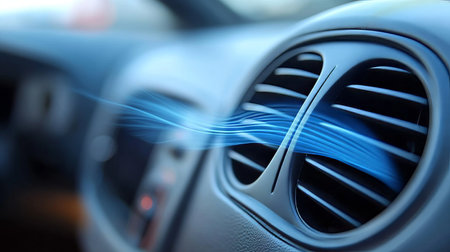 Closeup of Car Air Conditioning Vent Blowing Cool Air, Providing Comfort While Driving.の素材
