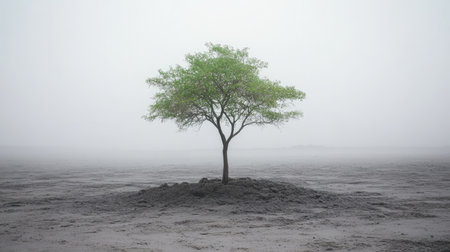Lone Green Tree Thriving in a Barren Foggy Landscape, Symbol of Resilience, Hope, and New Life.の素材