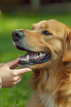 Golden Retriever Smiling with Joy as a Person Gently Scratches Its Chin in a Green Fieldの素材