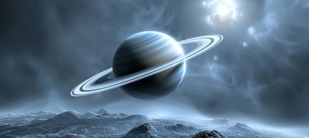 Blue Planet with Planetary Rings Against Cloudy Universe With Mountainous Terrain, Space Explorationの素材