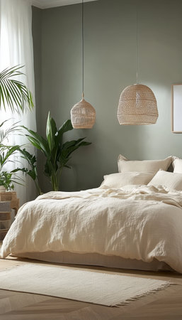 Beige Linen Bedding, Wicker Lamps, and Lush Green Plants Creating Tranquil Bedroom Oasis.の素材