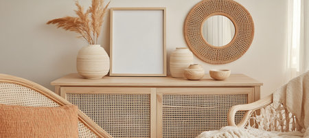 Bohemian Living Room Interior with Rattan Mirror, Wooden Furniture, and Neutral Decorの素材