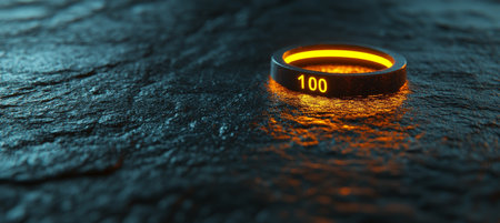 Glowing Metallic Ring Displaying the Number 100 on a Textured Dark Stone Surface, 3D Renderの素材
