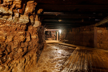 Exploring the Long Dark Wet Mine Tunnel with Wooden Walkway and Rough-Cut Stone Walls Illuminated, gold mineの写真素材