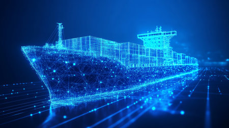 Abstract Digital Cargo Ship On Blue Technology Background. Maritime Transport Concept.,の素材