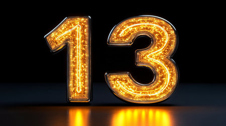 Number 13. Luminous Number Thirteen. Big Number 13 made of lights on dark background. 3d Renderingの素材