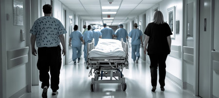 Medical Team Pushing Gurney in Hospital Hallway, Busy Healthcare Providers in Clinical Departmentの素材
