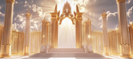 Golden Gates To Heaven, Shining Through The Clouds Surrounded By Pillars, Symbol Of Christianityの素材