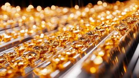 Sparkling Gold Rows of Golden Ingots Glimmering Under Soft Lighting in a Secure Vaultの素材