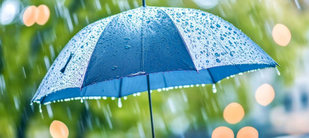 Closeup of a Blue Umbrella Sheltering from the City Rain, with Bokeh Lights in the Backgroundの素材