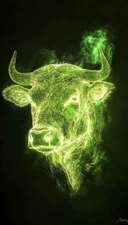 Neon Bull Vibrant Green Energy Outline of a Powerful Taurus Isolated on Black Backgroundの素材