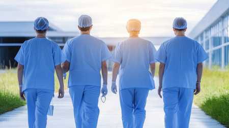 Team of Four Healthcare Professionals in Scrubs Walks Confidently Away From Camera Outdoorsの素材