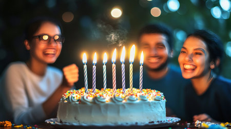 Celebrating with Friends Joyous Birthday Surprise with Illuminated Cake and Sparkler Candlesの素材