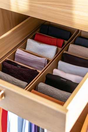 Open wooden drawer with neatly folded clothes, storage organization, minimalism conceptの素材