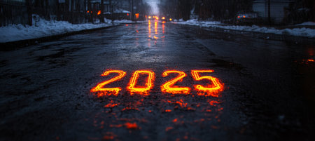 Neon Glowing Number 2025 On Dark Wet Asphalt Road With Winter City Lights In Backgroundの素材