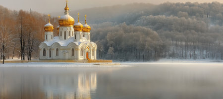 Serene Winter Wonderland Beautiful White Church on a Foggy Lake with Snowy Mountain Forestの素材