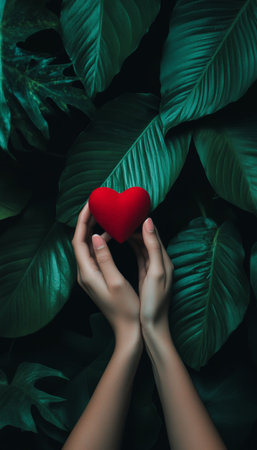 Womans Hands Holding Red Heart Amidst Lush Tropical Greenery, Symbolizing Love and Natureの素材
