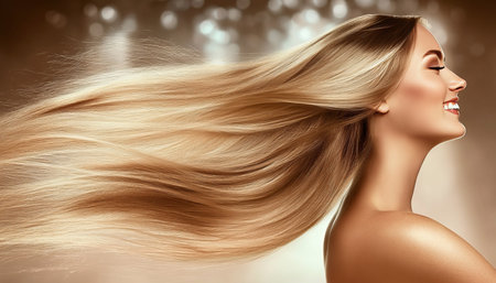 Portrait of a Smiling Woman with Healthy, Long, Blonde Hair Flowing Against a Gold Backgroundの素材