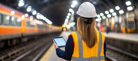 Female Engineer in Safety Gear Uses Digital Tablet, Inspecting Subway Platform for Maintenanceの素材