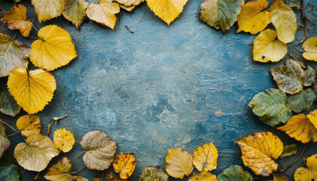 Autumn Leaves Frame on Blue Background, Fall Border Design with Colorful Foliage, Seasonal Bannerの素材