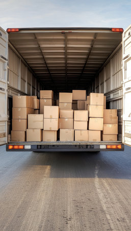 Cargo Delivery Truck Logistics, Open Doors Holding Cardboard Boxes, Shipping Service Concept.の素材