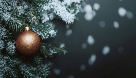 Golden Christmas Bauble on a Snowy Evergreen Branch, Festive Holiday Background with Copy Spaceの素材